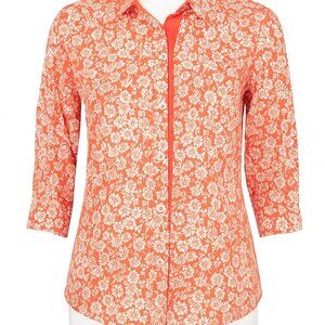 Alfred Dunner Orange White Floral Button Down Blouse Size 14 3/4 Sleeve